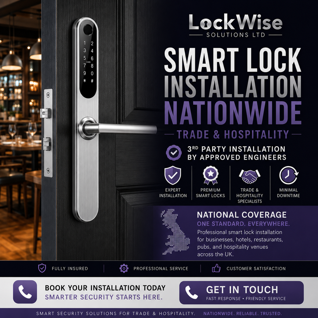 Promotional graphic for LockWise Solutions Ltd featuring a silver smart lock installed on a dark door, with large text advertising nationwide smart lock installation for trade and hospitality.
