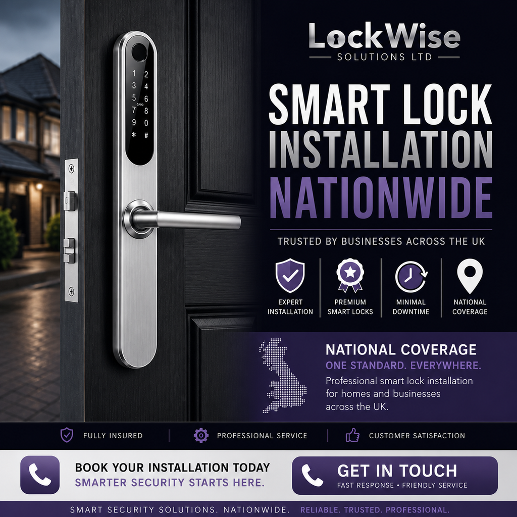 Promotional graphic for a LockWise smart lock installation service, showing a silver smart lock mounted on a dark door, with large text advertising nationwide installation and service benefits.