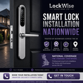 Promotional graphic for a LockWise smart lock installation service, showing a silver smart lock mounted on a dark door, with large text advertising nationwide installation and service benefits.