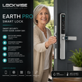 A Lockwise Earth Pro smart lock installed on a dark gray front door, shown with a smiling woman holding the handle. The left side features a black promotional panel with product features and icons, and the right side shows the lock mounted on the door with the woman interacting with it.