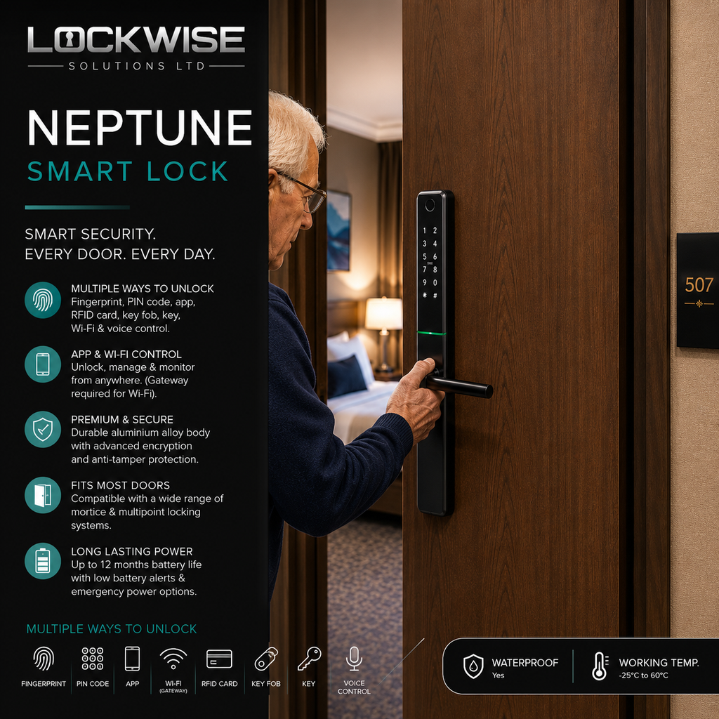 A Lockwise Neptune Smart Lock being demonstrated on a wooden door by a man in a bedroom setting, with product features and specifications displayed on a dark graphic panel.