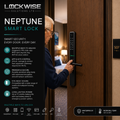 A Lockwise Neptune Smart Lock being demonstrated on a wooden door by a man in a bedroom setting, with product features and specifications displayed on a dark graphic panel.