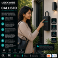 A woman stands outdoors next to a wall-mounted Lockwise Callisto smart key safe, pointing at its digital lock screen. The image is a promotional infographic with product features, icons, and compatibility badges on a dark background.
