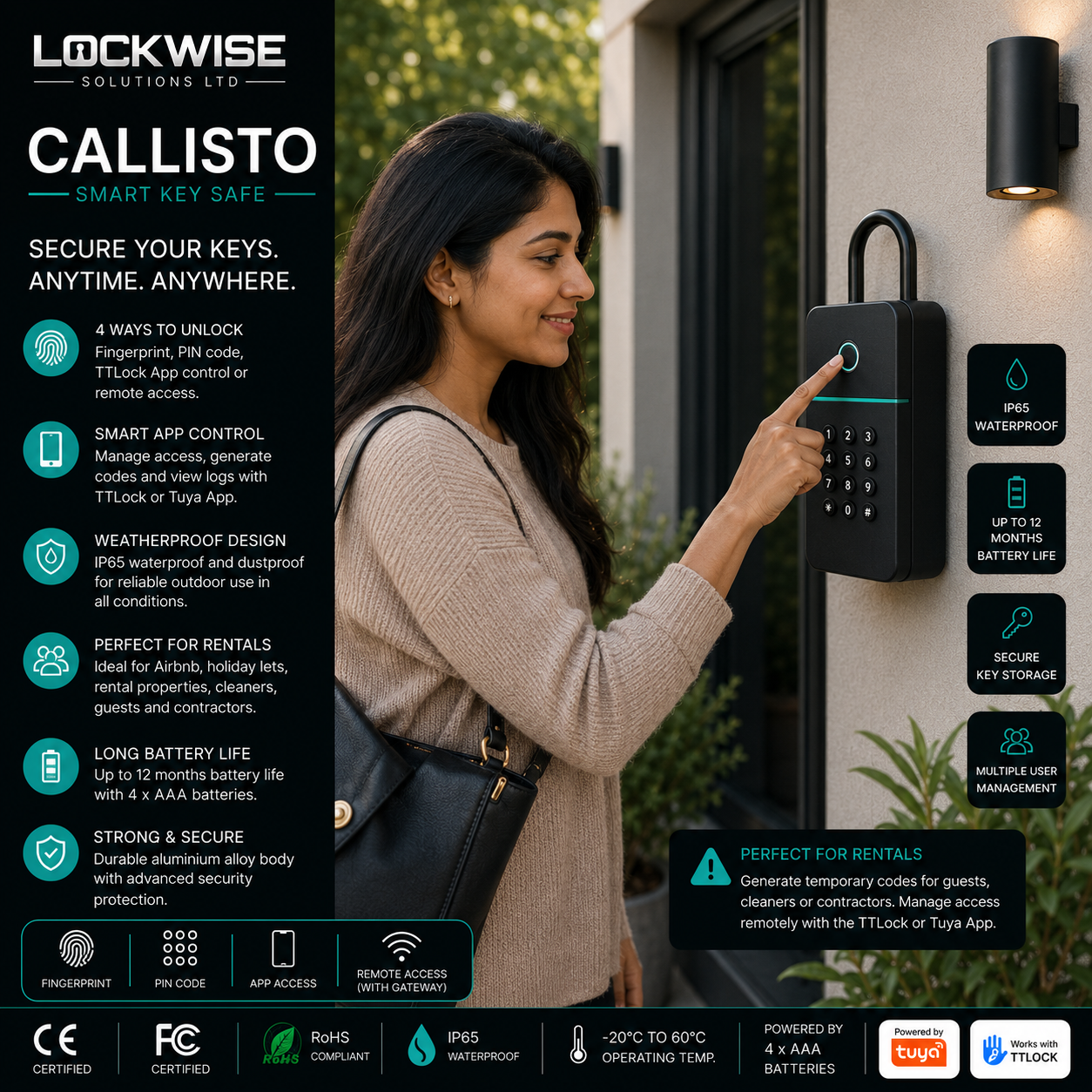 A woman stands outdoors next to a wall-mounted Lockwise Callisto smart key safe, pointing at its digital lock screen. The image is a promotional infographic with product features, icons, and compatibility badges on a dark background.