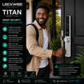 A man wearing a beige jacket stands in front of a black door holding a Lockwise Solutions Titan Smart Lock. The image is a promotional infographic with text highlighting features like fingerprint, PIN code, RFID card, app control, voice control, and emergency key backup, along with compatibility logos for Google Home and Alexa.