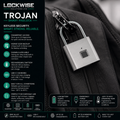 A close-up of a silver padlock attached to a black zipper, with a large marketing infographic on the left side for 'Troyan Smart Padlock' by Lockwise Solutions Ltd.