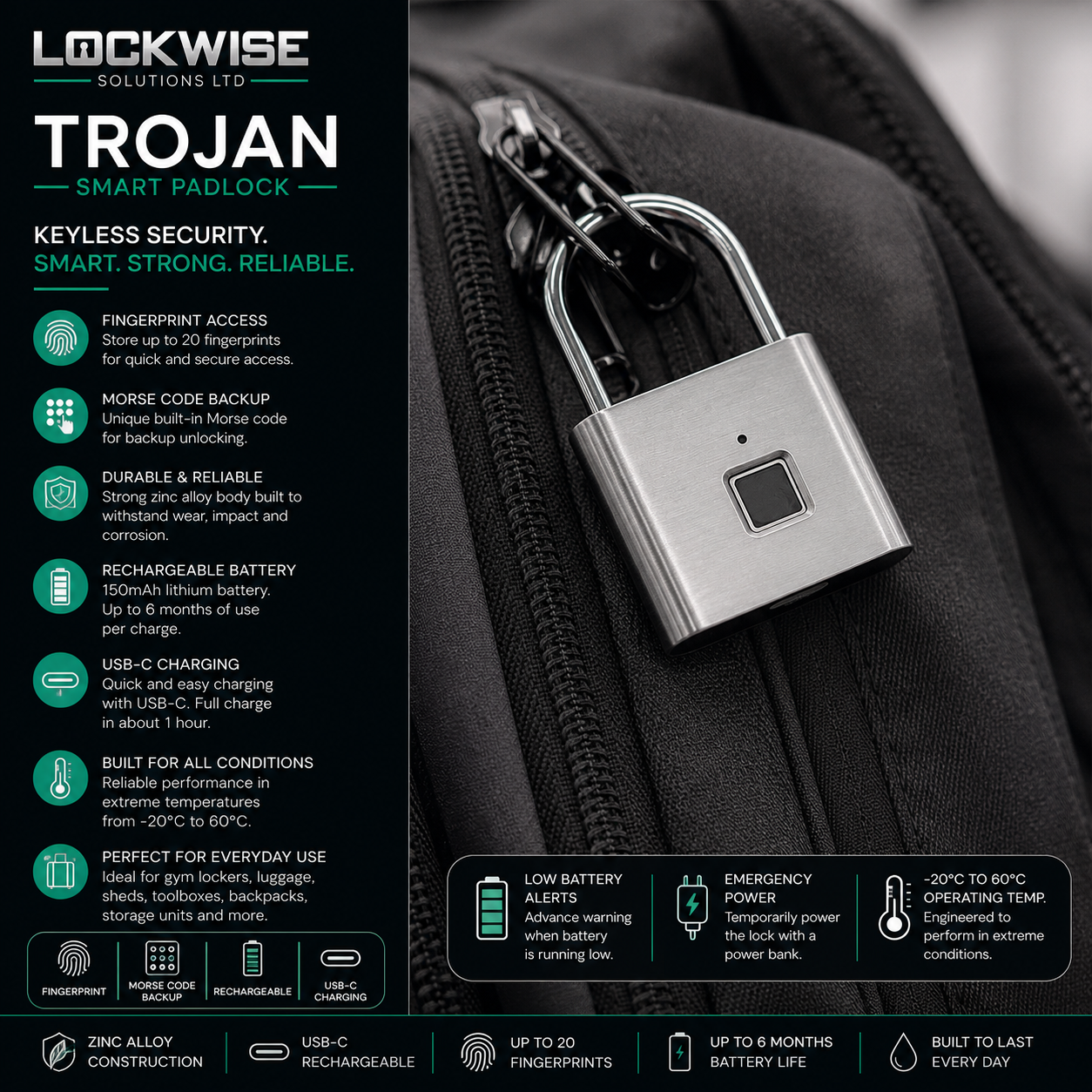 LockWise Trojan Smart Fingerprint Padlock – Keyless & Rechargeable