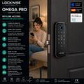 Lockwise Omega Pro smart lock shown installed on a dark door, with a woman standing in a home hallway behind it. The left side contains feature callouts and logos including Tuya, Google Home, Amazon Alexa, and Google Wallet.