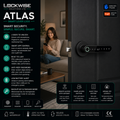 Lockwise Atlas smart lever lock shown installed on a dark metal door, with promotional text and feature icons around it. A woman is pictured in the background using a phone, and the image includes compatibility badges for Tuya and Smart Locks.