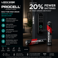 Lockwise Solutions Ltd Procell Intense 10V battery pack shown in two cylindrical alkaline batteries, one standing upright and one lying horizontally, next to a black digital door lock on a dark wooden surface. The left side features a black panel with white and teal text detailing product features and ideal use cases.