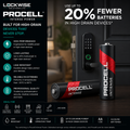 A Procell Intense AA alkaline battery is shown lying on a dark wooden surface next to a black high-drain electronic device, with promotional text and feature icons on a black background.